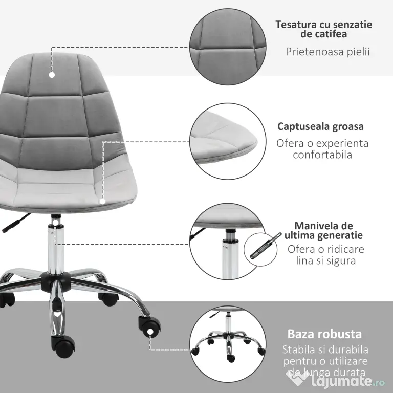 Vinsetto Scaun Ergonomic Rotativ cu Bază cu 5 Roți, Înălțime Ajustabilă, Comfortabil, Gri, Dimensiuni 59x59x81-91cm | Aosom Romania