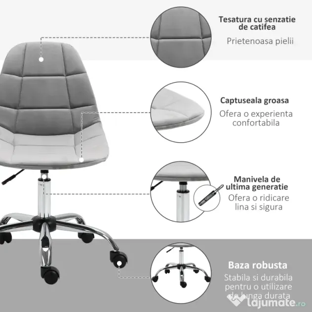 Vinsetto Scaun Ergonomic Rotativ cu Bază cu 5 Roți, Înălțime Ajustabilă, Comfortabil, Gri, Dimensiuni 59x59x81-91cm | Aosom Romania