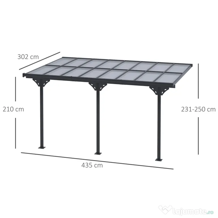 Outsunny Pergola montata pentru gradina 4.35x3.02m, foisor pergola pentru exterior din policarbonat si aluminiu, montare reglabila, gri