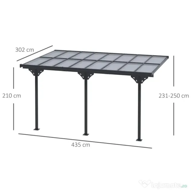 Outsunny Pergola montata pentru gradina 4.35x3.02m, foisor pergola pentru exterior din policarbonat si aluminiu, montare reglabila, gri