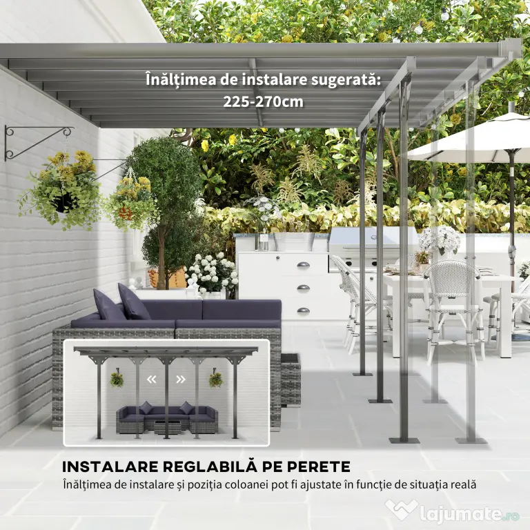 Outsunny Pergola montata pentru gradina 4.35x3.02m, foisor pergola pentru exterior din policarbonat si aluminiu, montare reglabila, gri