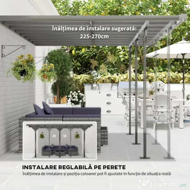 Outsunny Pergola montata pentru gradina 4.35x3.02m, foisor pergola pentru exterior din policarbonat si aluminiu, montare reglabila, gri