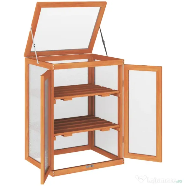 Outsunny Mini Sera de Gradina cu 3 Etajere din Lemn de Brad si Policarbonat, Deschidere Laterala si Frontala, 58x44x78cm, Portocaliu | Aosom Romania