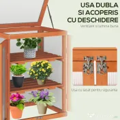 Outsunny Mini Sera de Gradina cu 3 Etajere din Lemn de Brad si Policarbonat, Deschidere Laterala si Frontala, 58x44x78cm, Portocaliu 