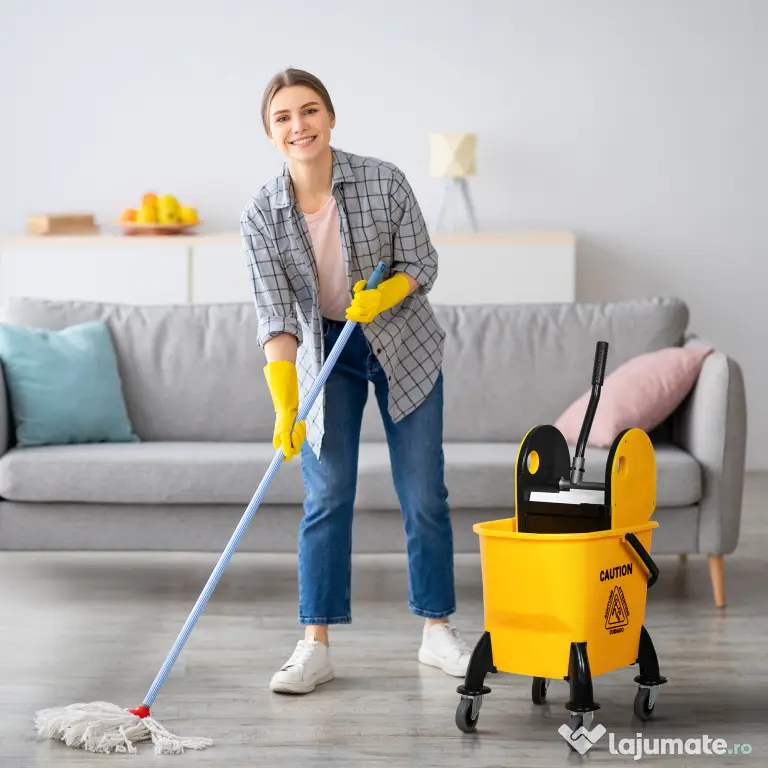 HOMCOM Găleată pentru Mop și Strângător de Apă pentru Curățare, Cărucior pentru Podele, 44x36x90cm, Galben. | Aosom Romania