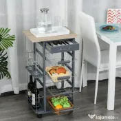 HOMCOM Cărucior de Bucătărie Gri Închis, 1 Sertar, 4 Coșuri Metalice, 2 Etajere, MDF, Lemn de Pin, Metal, 47x37x83cm | Aosom Romania