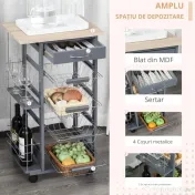HOMCOM Carucior de Bucatarie, Gri Inchis, 1 Sertar si 4 Cosuri Metalice, 47x37x83cm