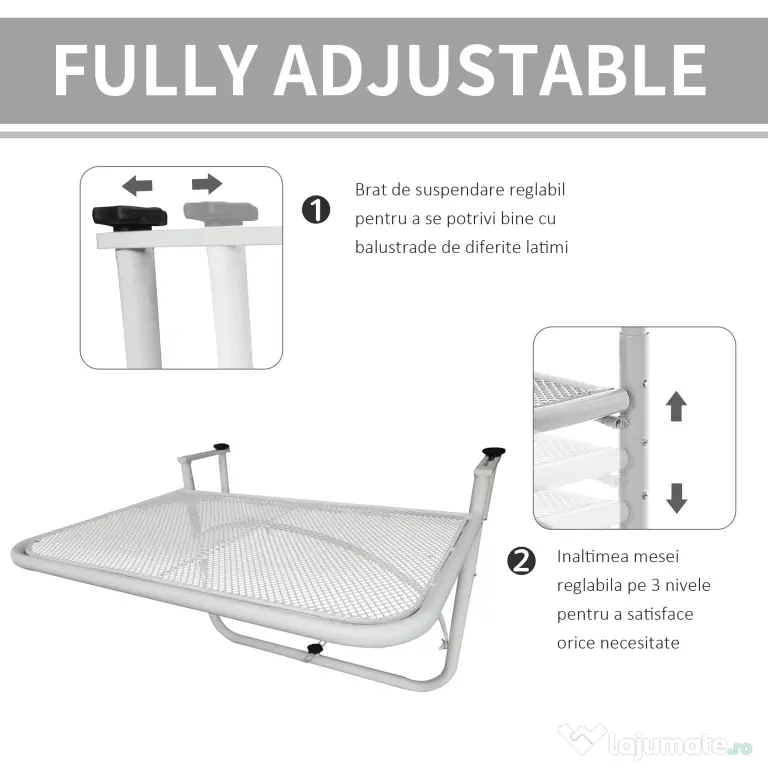 Outsunny Măsuță Suspendată pentru Balcon, Suport Reglabil pe Înălțime, Ideală pentru Spații Reduse, 60x56.5x45cm, Alb | Aosom Romania