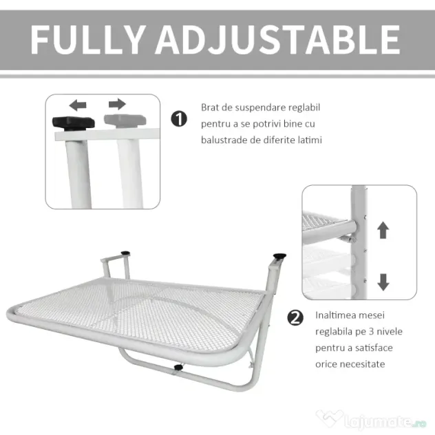 Outsunny Măsuță Suspendată pentru Balcon, Suport Reglabil pe Înălțime, Ideală pentru Spații Reduse, 60x56.5x45cm, Alb | Aosom Romania