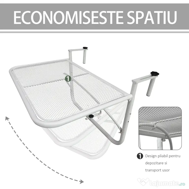 Outsunny Măsuță Suspendată pentru Balcon, Suport Reglabil pe Înălțime, Ideală pentru Spații Reduse, 60x56.5x45cm, Alb | Aosom Romania