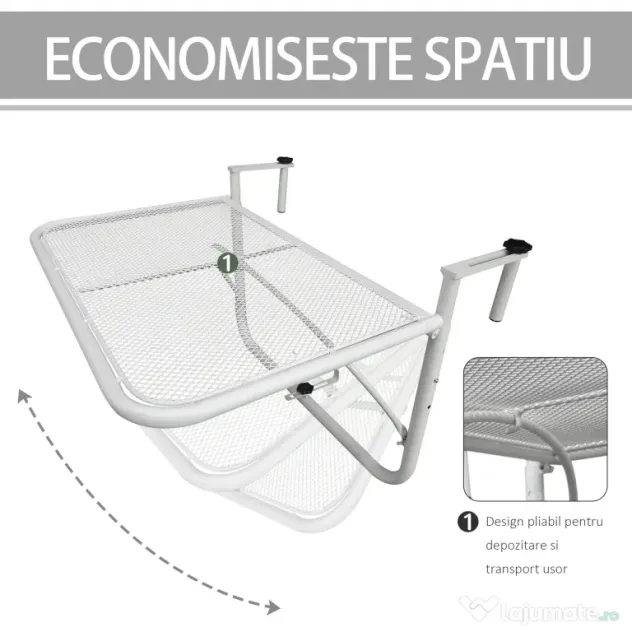 Outsunny Măsuță Suspendată pentru Balcon, Suport Reglabil pe Înălțime, Ideală pentru Spații Reduse, 60x56.5x45cm, Alb | Aosom Romania