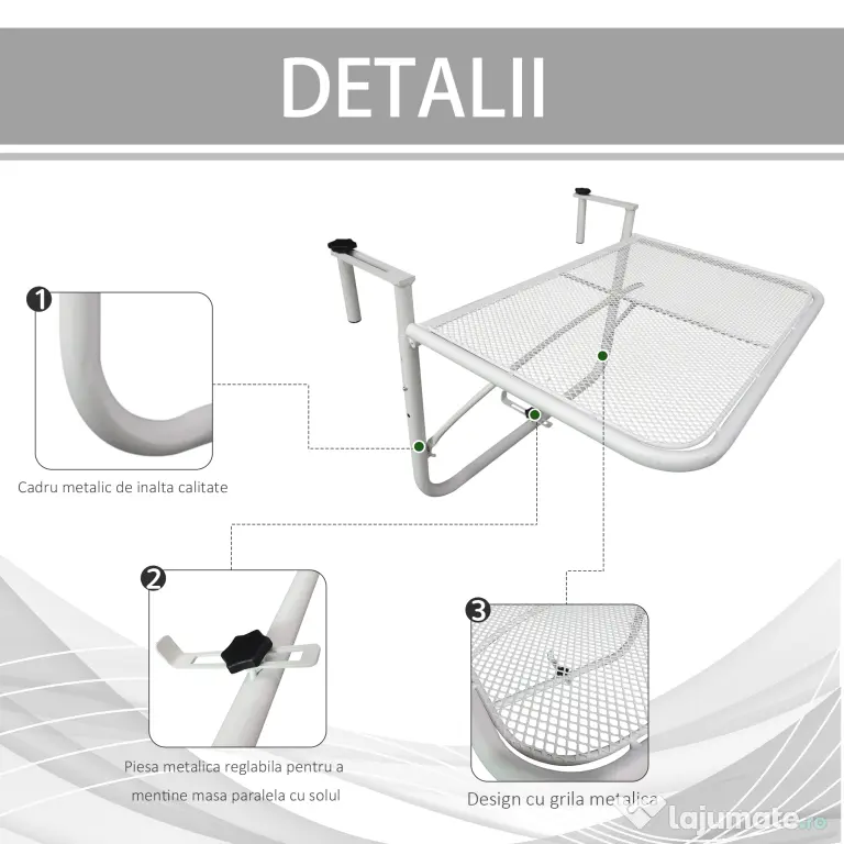 Outsunny Măsuță Suspendată pentru Balcon, Suport Reglabil pe Înălțime, Ideală pentru Spații Reduse, 60x56.5x45cm, Alb | Aosom Romania