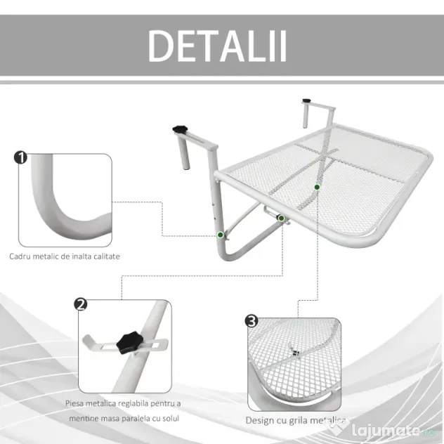 Outsunny Măsuță Suspendată pentru Balcon, Suport Reglabil pe Înălțime, Ideală pentru Spații Reduse, 60x56.5x45cm, Alb | Aosom Romania