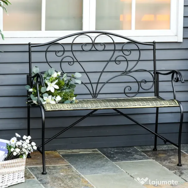 Banca Metal Gradina Outsunny,banca gradina din Fier Stil Vintage 2 Locuri Negru | Aosom Romania