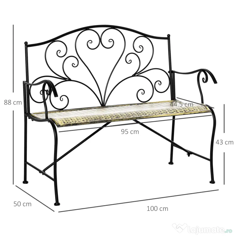 Banca Metal Gradina Outsunny,banca gradina din Fier Stil Vintage 2 Locuri Negru | Aosom Romania