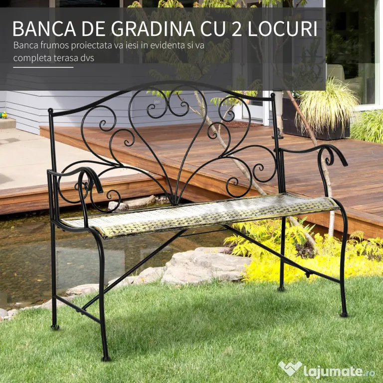 Banca Metal Gradina Outsunny,banca gradina din Fier Stil Vintage 2 Locuri Negru | Aosom Romania
