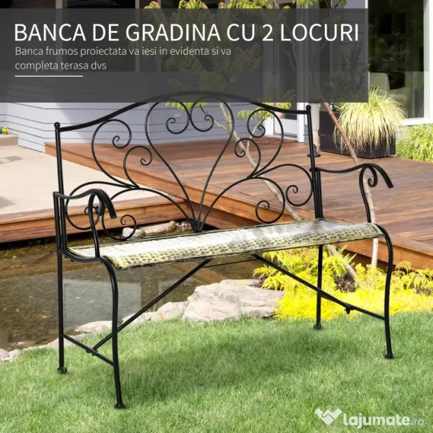 Banca Metal Gradina Outsunny,banca gradina din Fier Stil Vintage 2 Locuri Negru | Aosom Romania