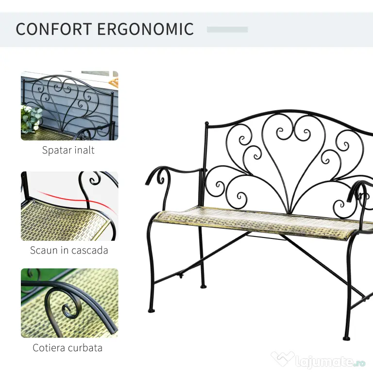 Banca Metal Gradina Outsunny,banca gradina din Fier Stil Vintage 2 Locuri Negru | Aosom Romania