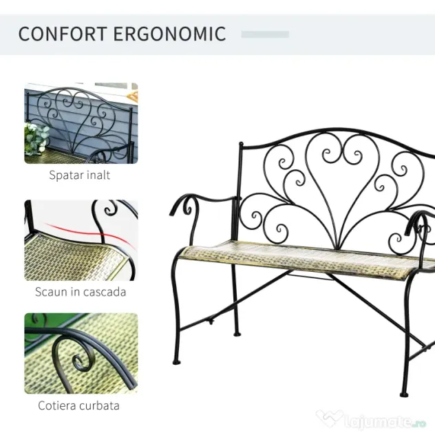 Banca Metal Gradina Outsunny,banca gradina din Fier Stil Vintage 2 Locuri Negru | Aosom Romania