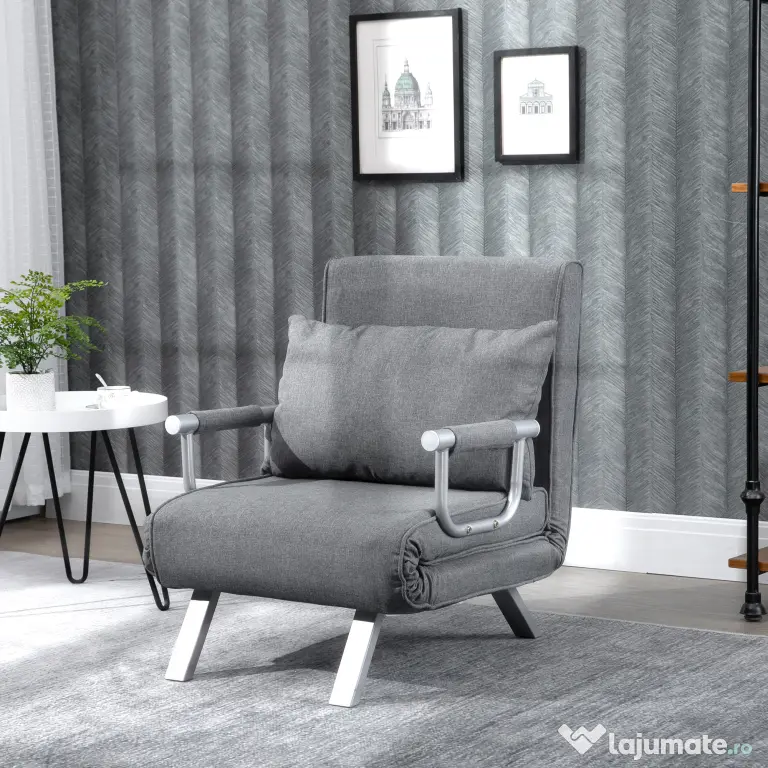 HOMCOM Canapea Extensibilă cu Poziție Reglabilă în 5 Niveluri, Canapea pliabilă cu pernă, 65x69x80 cm, Gri | Aosom Romania