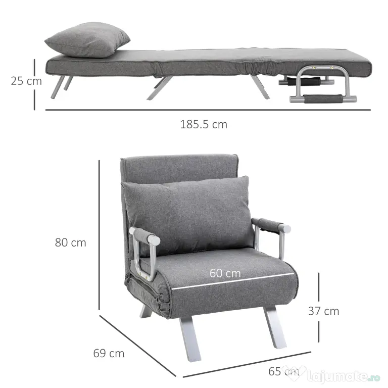 HOMCOM Canapea Extensibilă cu Poziție Reglabilă în 5 Niveluri, Canapea pliabilă cu pernă, 65x69x80 cm, Gri | Aosom Romania