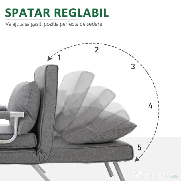 HOMCOM Canapea Extensibilă cu Poziție Reglabilă în 5 Niveluri, Canapea pliabilă cu pernă, 65x69x80 cm, Gri | Aosom Romania