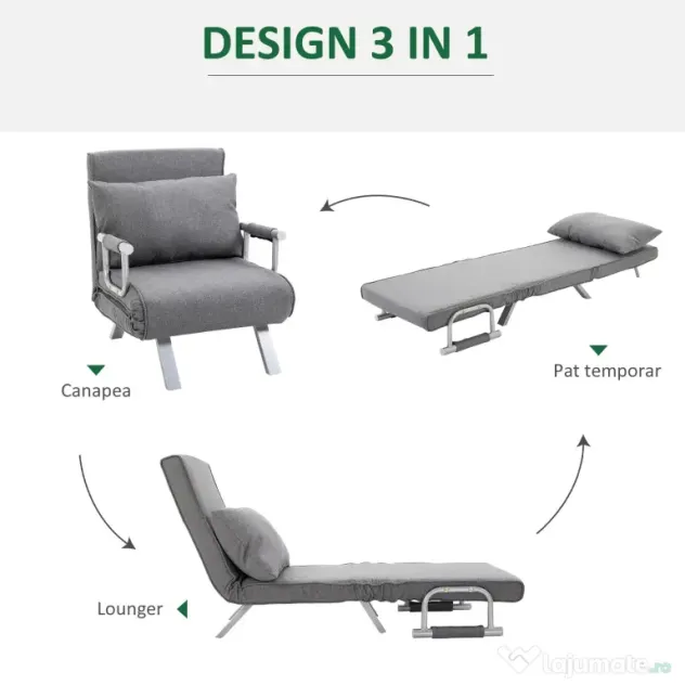 HOMCOM Canapea Extensibilă cu Poziție Reglabilă în 5 Niveluri, Canapea pliabilă cu pernă, 65x69x80 cm, Gri | Aosom Romania