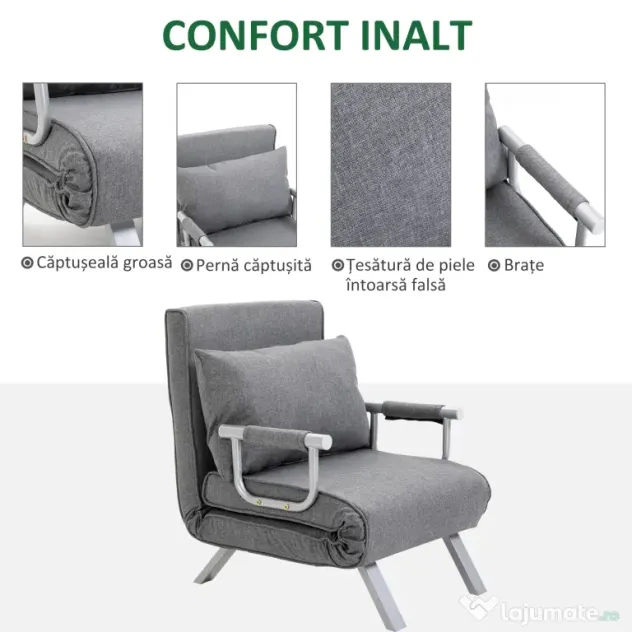 HOMCOM Canapea Extensibilă cu Poziție Reglabilă în 5 Niveluri, Canapea pliabilă cu pernă, 65x69x80 cm, Gri | Aosom Romania