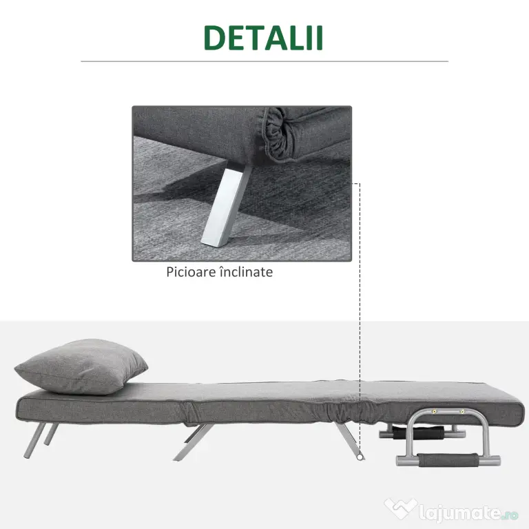 HOMCOM Canapea Extensibilă cu Poziție Reglabilă în 5 Niveluri, Canapea pliabilă cu pernă, 65x69x80 cm, Gri | Aosom Romania