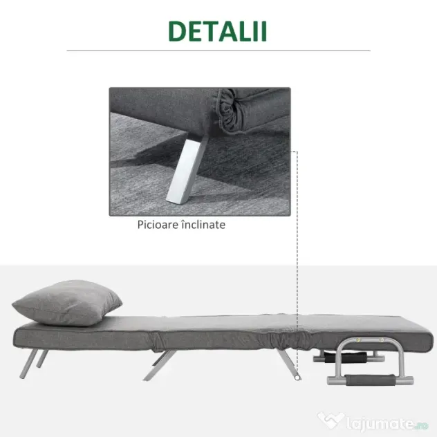 HOMCOM Canapea Extensibilă cu Poziție Reglabilă în 5 Niveluri, Canapea pliabilă cu pernă, 65x69x80 cm, Gri | Aosom Romania