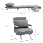 HOMCOM Fotoliu Pat Single cu Spătar Reglabil pe 5 Nivele și Pernă, din Material Textil, Gri Deschis 