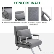 HOMCOM Fotoliu Pat Single cu Spătar Reglabil pe 5 Nivele și Pernă, din Material Textil, Gri Deschis 