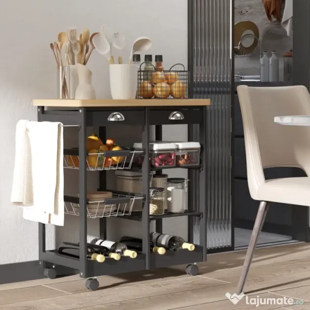 HOMCOM Cărucior de Bucătărie Multifuncțional din Lemn de Pin, 74x37x75 cm, Negru | Aosom Romania