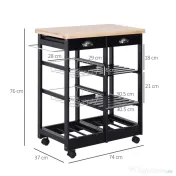 HOMCOM Cărucior de Bucătărie Multifuncțional din Lemn de Pin, 74x37x75 cm, Negru | Aosom Romania