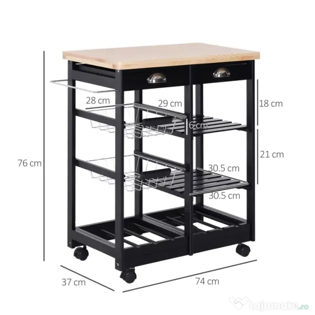 HOMCOM Cărucior de Bucătărie Multifuncțional din Lemn de Pin, 74x37x75 cm, Negru | Aosom Romania