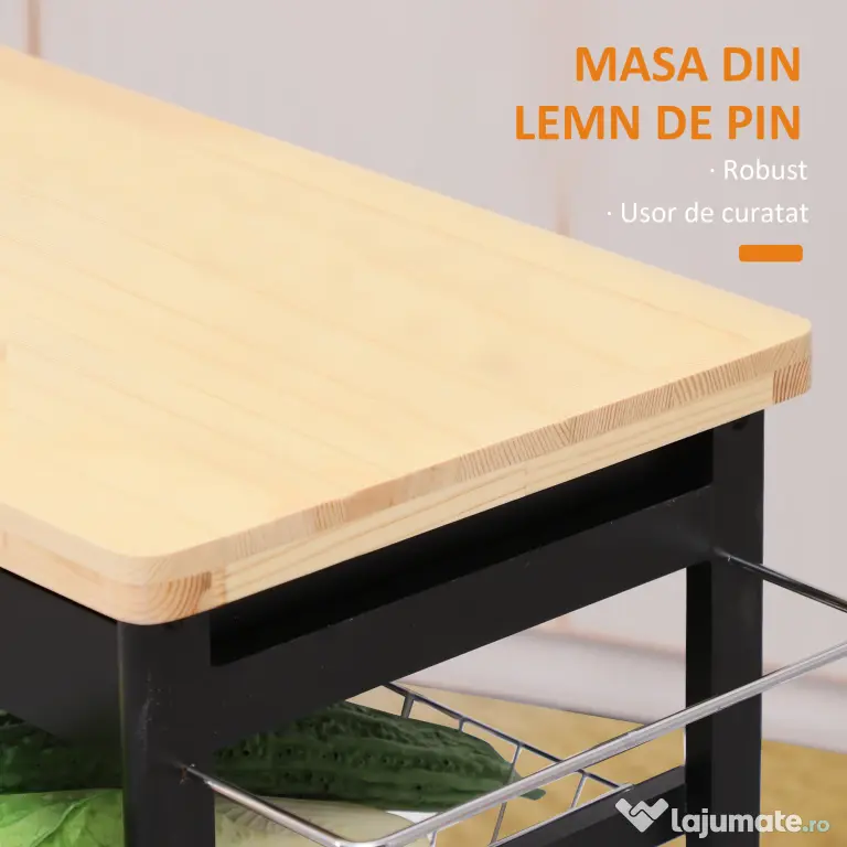 HOMCOM Cărucior de Bucătărie Multifuncțional din Lemn de Pin, 74x37x75 cm, Negru | Aosom Romania