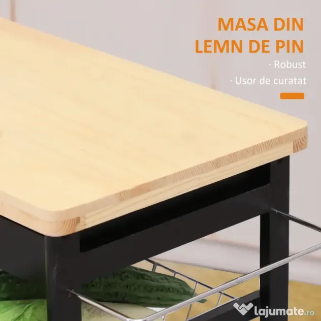 HOMCOM Cărucior de Bucătărie Multifuncțional din Lemn de Pin, 74x37x75 cm, Negru | Aosom Romania
