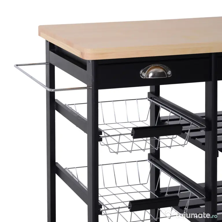 HOMCOM Cărucior de Bucătărie Multifuncțional din Lemn de Pin, 74x37x75 cm, Negru | Aosom Romania