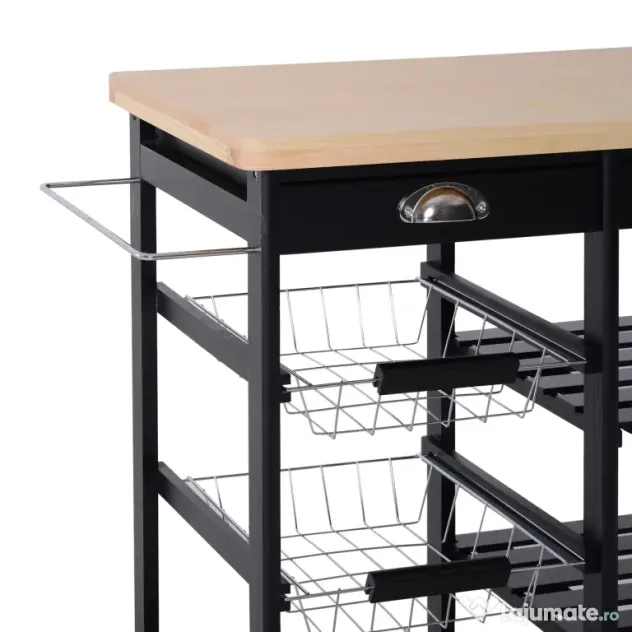 HOMCOM Cărucior de Bucătărie Multifuncțional din Lemn de Pin, 74x37x75 cm, Negru | Aosom Romania