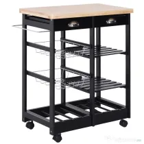 HOMCOM Cărucior de Bucătărie Multifuncțional din Lemn de Pin, 74x37x75 cm, Negru