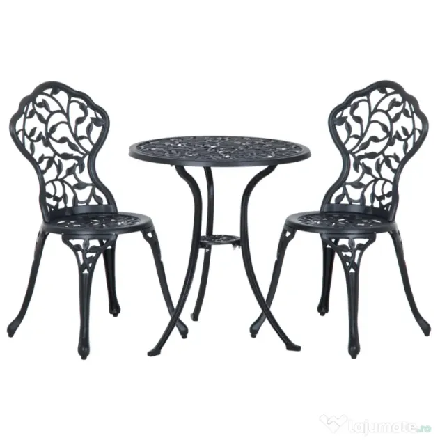 Outsunny Set de Grădină 3 Piese cu 2 Scaune de Exterior și Masă Rotundă din Aluminiu, Negru