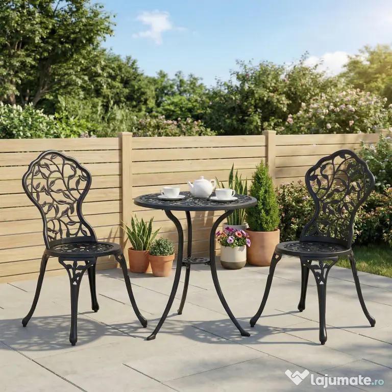 Outsunny Set de Grădină 3 Piese cu 2 Scaune de Exterior și Masă Rotundă din Aluminiu, Negru