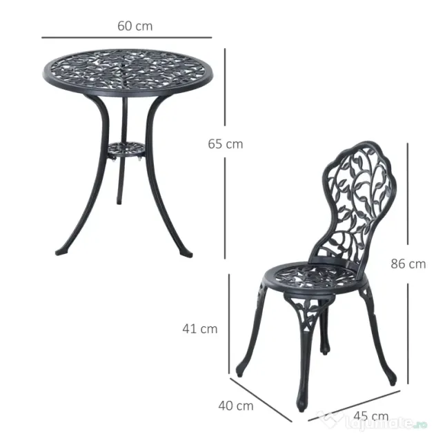 Outsunny Set de Grădină 3 Piese cu 2 Scaune de Exterior și Masă Rotundă din Aluminiu, Negru