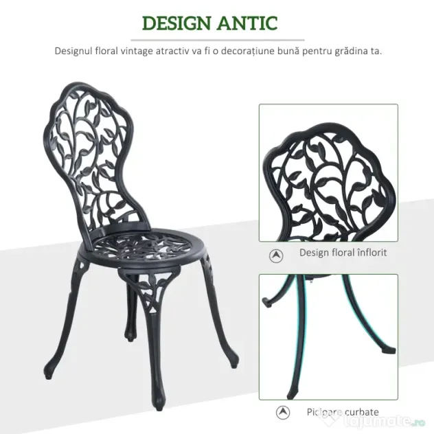 Outsunny Set de Grădină 3 Piese cu 2 Scaune de Exterior și Masă Rotundă din Aluminiu, Negru