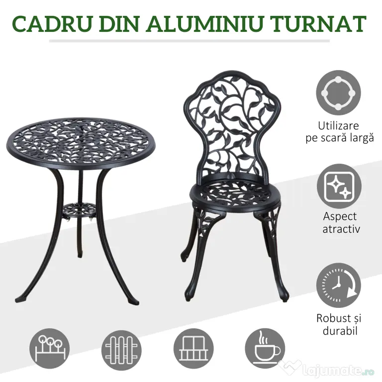 Outsunny Set de Grădină 3 Piese cu 2 Scaune de Exterior și Masă Rotundă din Aluminiu, Negru