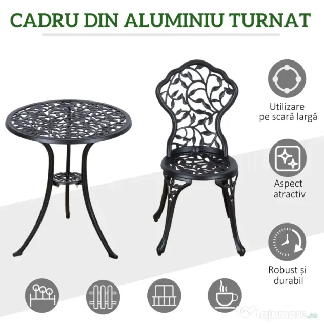 Outsunny Set de Grădină 3 Piese cu 2 Scaune de Exterior și Masă Rotundă din Aluminiu, Negru
