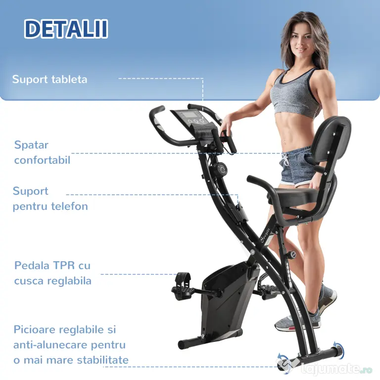 HOMCOM Bicicletă Pliabilă 2 în 1 cu Rezistență Magnetică Reglabilă pe 8 Nivele, 105x48x118 cm, Negru | Aosom Romania