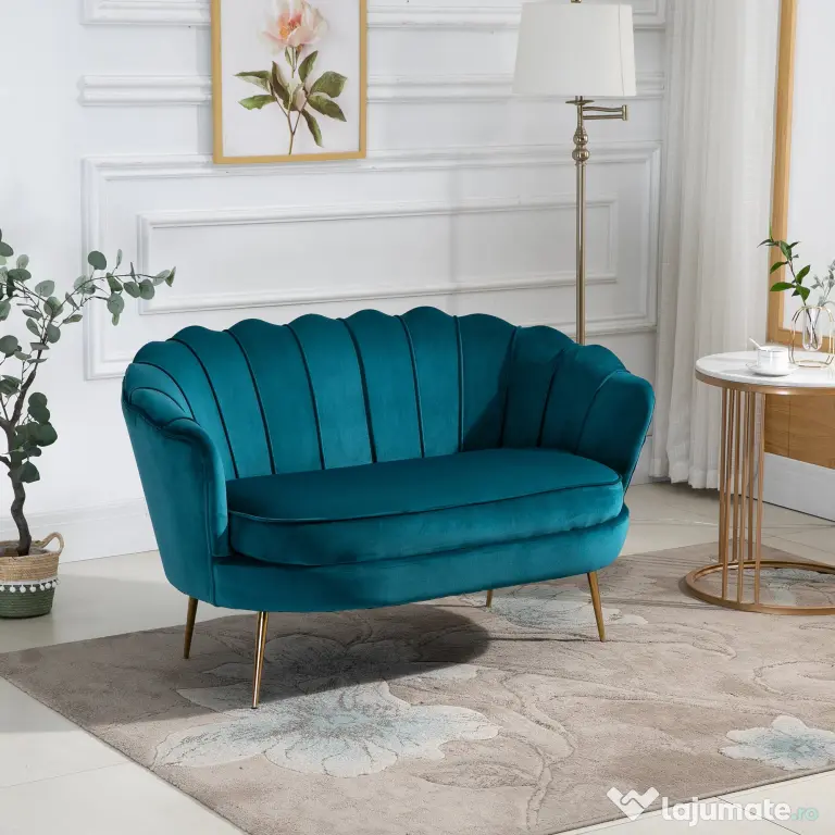 Homcom Canapea Vintage 2 Locuri – Catifea Verde, Stil Industrial Chic