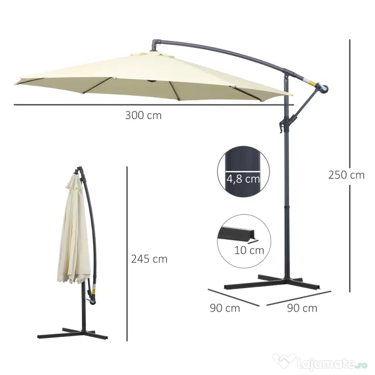Outsunny Umbrelă de Soare Excentrică cu Bază în Cruce Inclusă, din Metal și Poliester, 3x2,5 m, Bej | Aosom Romania
