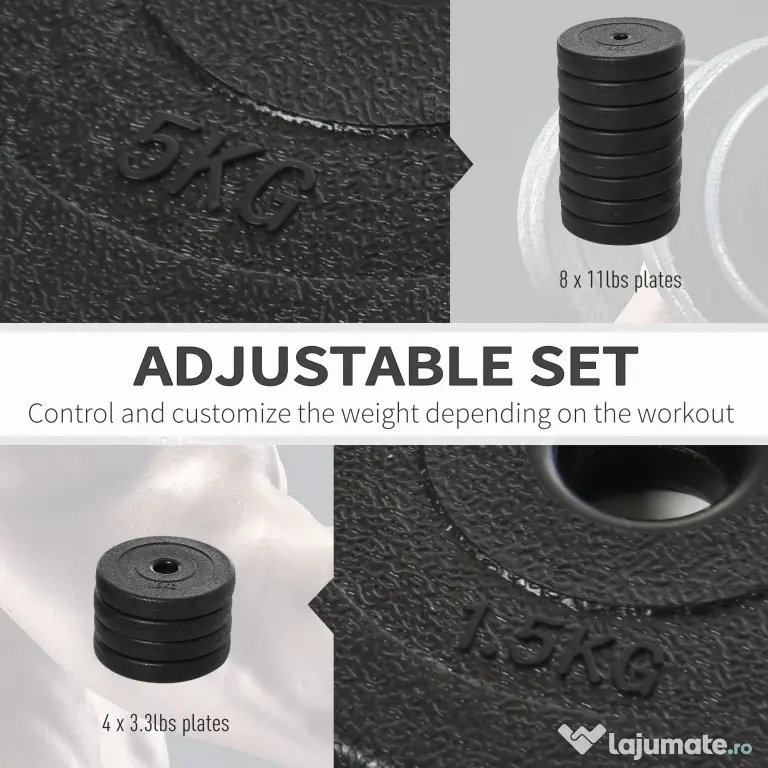 HOMCOM Gantere Reglabile de 50 kg pentru antrenament cu 12 Discuri Cauciucate, 8 x 5 kg si 4 x 1.5 kg, negru| Aosom Romania